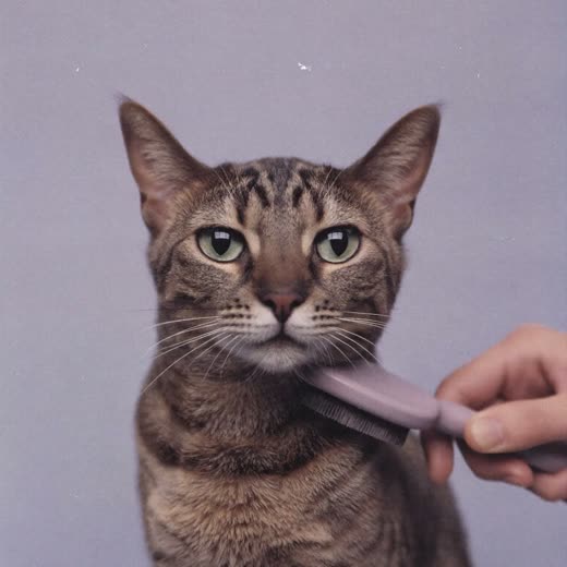 A cat being brushed by a hand at the edge of frame